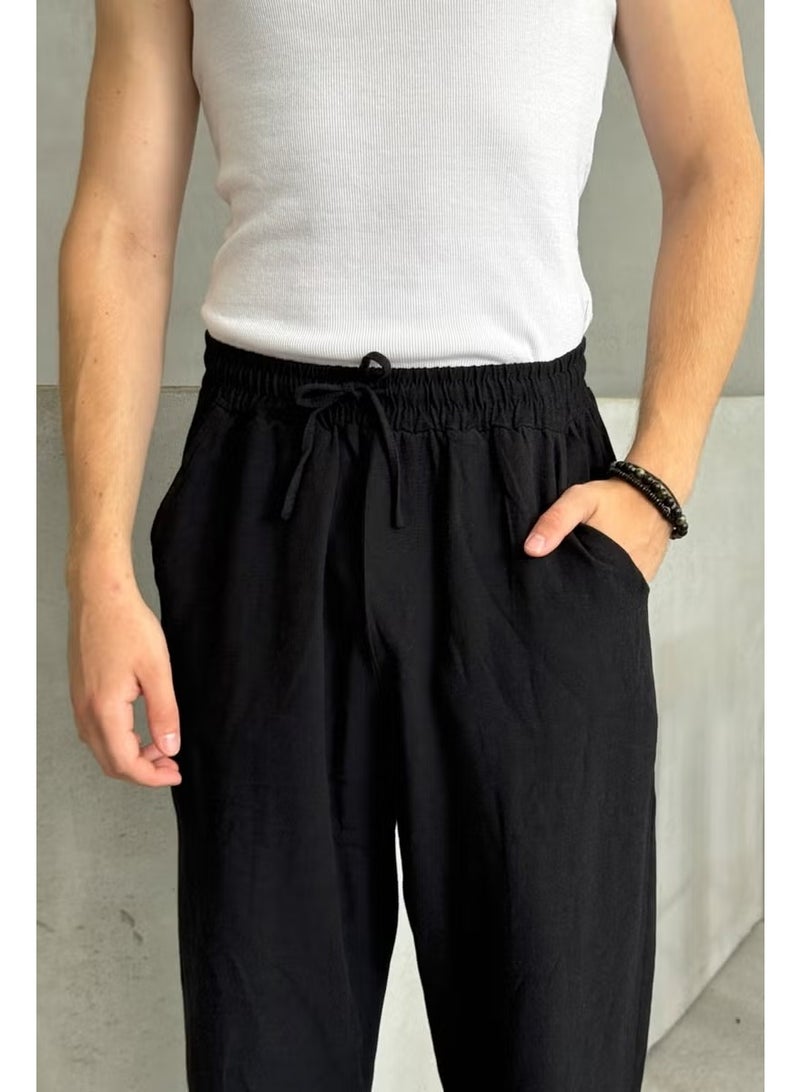 HYMAN Men's Elastic Waist Baggy Linen Trousers - Image 2
